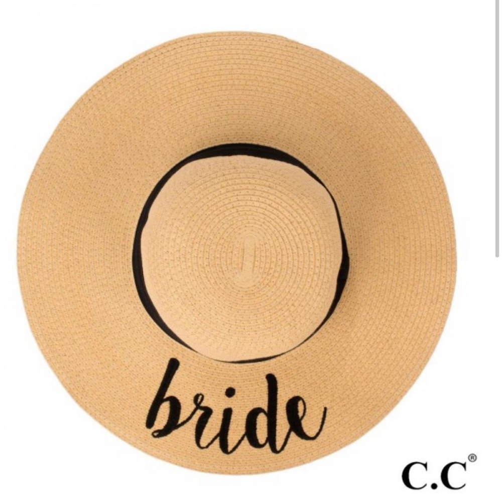 "Bride" paper straw wide brim sun hat with ribbon